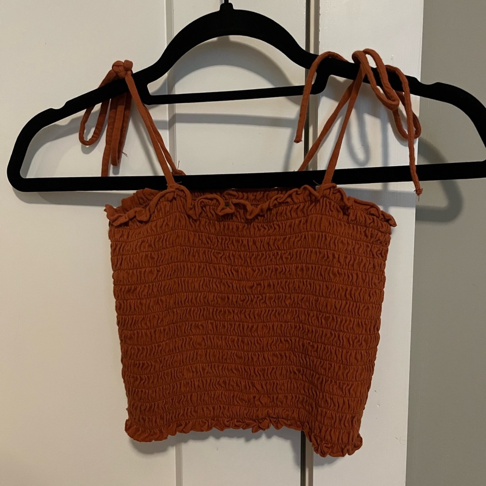 wild fable smocked / ribbed crop tank top with tie straps and lettuce trim